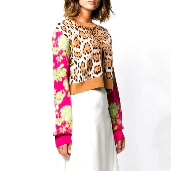 

women's sweaters chic runway arrival women knitted leopard print patchwork full sleeve o neck pullovers sweater female sl459, White;black