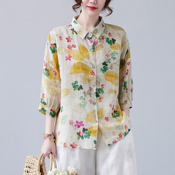 

women's blouses & shirts oversized women cotton linen casual arrival 2021 summer vintage style floral print half sleeve loose female b, White