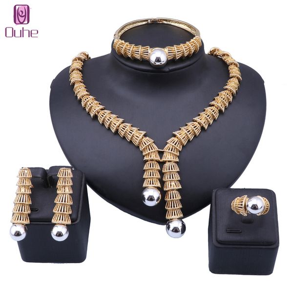 Женщины Дубай Африканские Золотые Ювелирные Изделия Устройство Невеста Ожерелье Серьги Браслет Кольца Индийский Нигерийский Свадебный Подарок Наборы Две