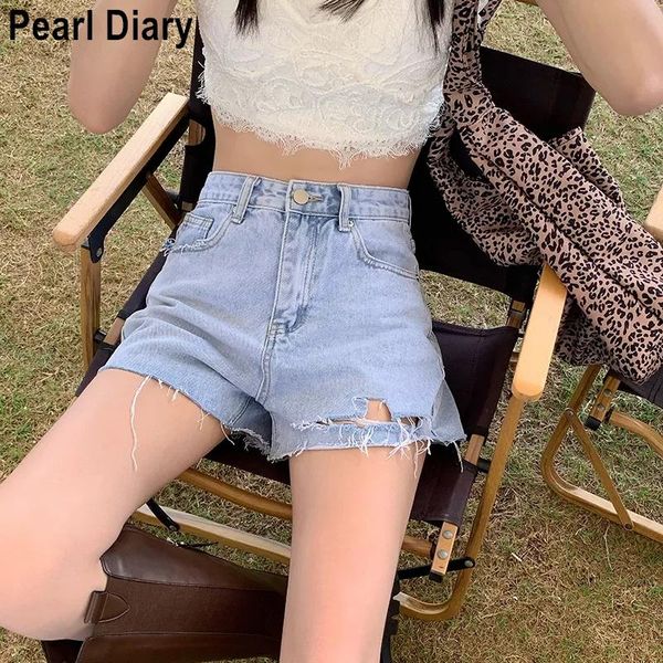 

women's jeans summer light blue ripped denim shorts women high waist loose tassel hole streetwear casual short trousers korean