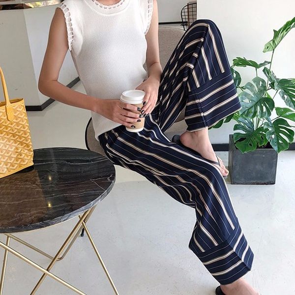 

striped wide leg pants female high waist elastic patchwork pocket long trousers summer fashion ol womens clothing, Black;white