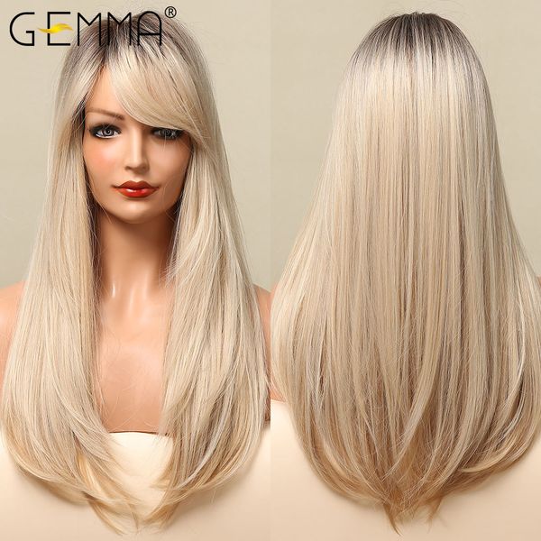 

ombre brown blonde long straight synthetic wigs with bangs cosplay wig for women high temperature natural fake hair, Black