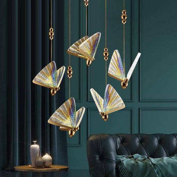 

pendant lamps modern nordic bedside dining room stairwell loft foyer chandelier led golden hanging indoor lighting fixture bird lamp rope la