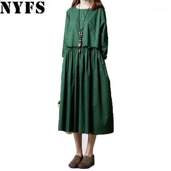 

casual dresses nyfs 2021 autumn dress solid long fashion loose cotton linen vestidos robe elbise woman, Black;gray