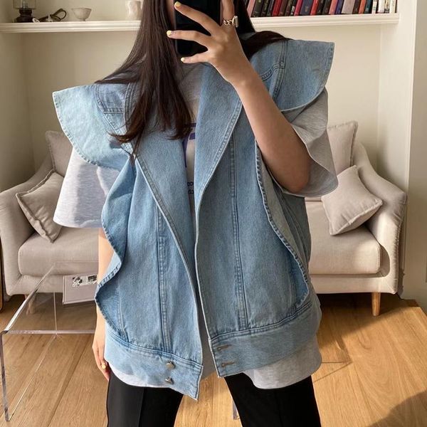 

women's vests harajuku ruffles oversize denim jacket blue sleeveless large size vest chic streetwear jeans coat single breasted, Black;white