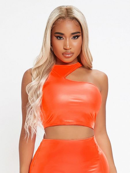 

sxy neon orange asymmetrical neck pu leather 55co#, White