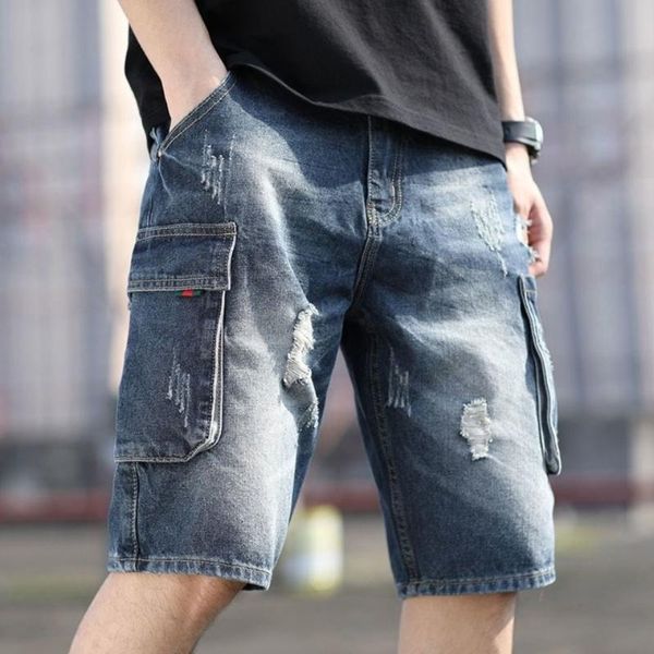 

men's jeans tooling shorts capris large denim loose holed pants summer, Blue