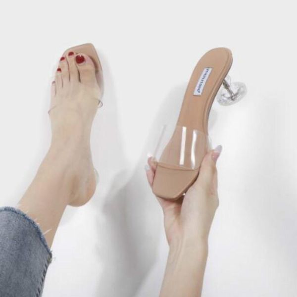 

2021 summer women sandals new fashion transparent crystal casual square toe elegant slip on thick high heels shoes for woman, Black