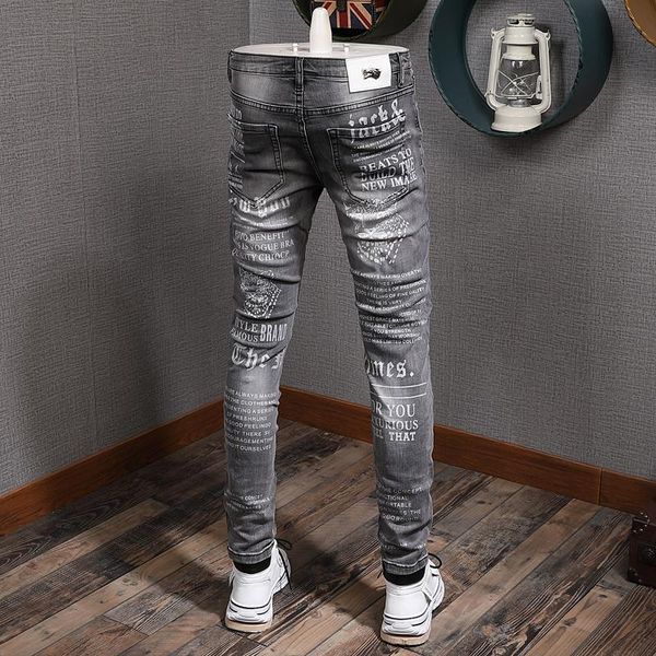 

men's jeans autumn black gray men's slim-fit stretch tight skinny pants korean style trendy brand washed printed denim men, Blue