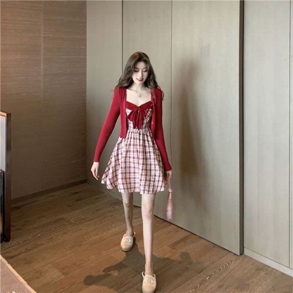 

popular gentle thin new show style fairy waist wind close girl spring autumn suspender plaid a-line dress hot, White;black