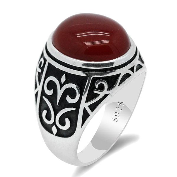 

cluster rings 925 sterling silver men's ring with natural red agate stone male vintage carved design oval gemstone turkish jewelry, Golden;silver