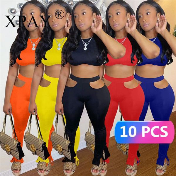 

women's two piece pants wholesale items suit women fashion set outfits short sleeve crop and hollow out bandage pant bulk lots x7177, White