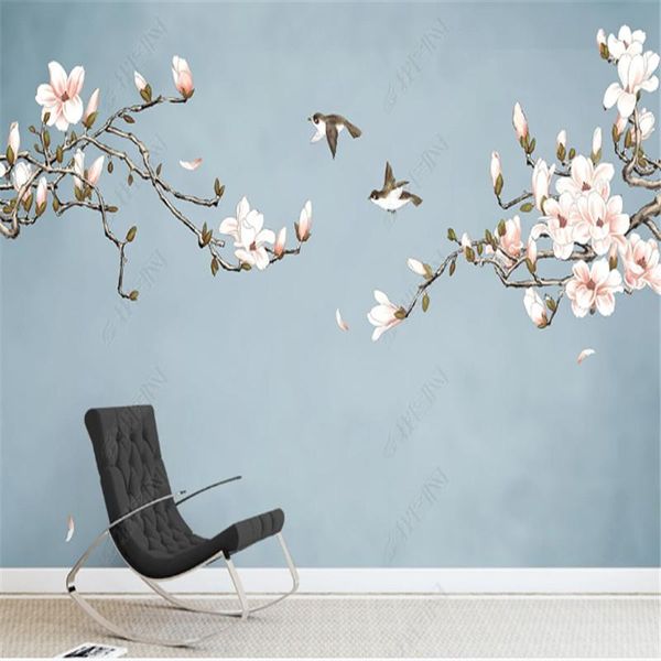 Tapeten Moderne chinesische Wohnkultur Wandbild Tapete für Wohnzimmer Magnolia Blume Vogel TV Hintergrund Wand Papier Dekoration Malerei