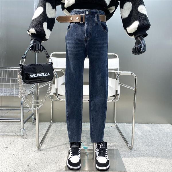 

women's jeans brand original design leather buckle high waist small leg 2021 personalized versatile thin plush warm pencil pants, Blue