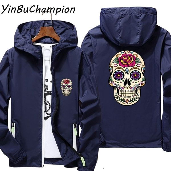 

day of the dead sugar skull with rose tile summer men's thin reflective windbreaker sunscreen beach casual coat bomber jacket, Black;brown