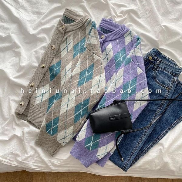 

women's knits & tees women vintage knit cardigan autumn winter button up argyle long sleeve sweater woman oversized korean harajuku, White