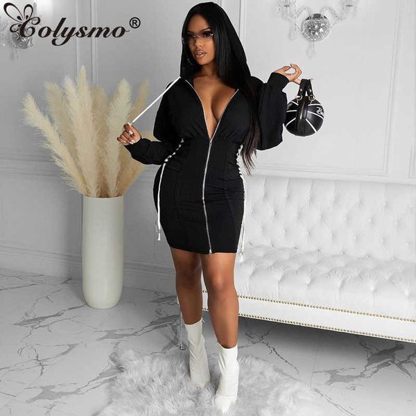 Colysmo Black Hoodie платье на молнии бокового кружева вырезать высокую талию пэчворк осенние платья для женщин повседневные вечеринки носить шикарное халат 210527