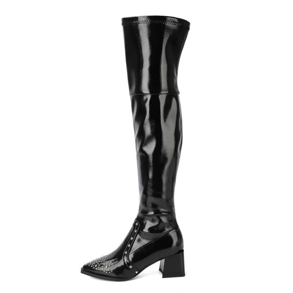 

boots punk style autumn winter women thigh high rivets heels over-the-knee boot for ladies pointed toe platform shoes party, Black
