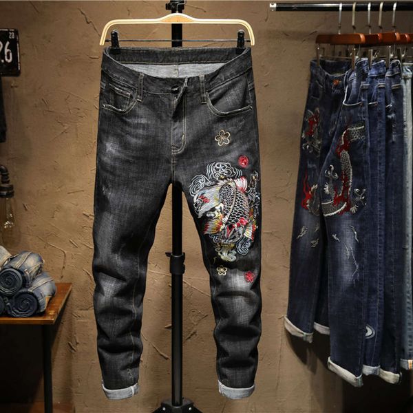 

autumn and winter new jeans men's fashion slim leggings elastic personality trend chinese style embroidered pantswinter, Blue