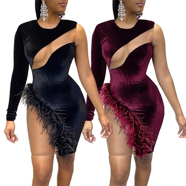 

ethnic clothing women feather velvet mini dresses 2022 year african outfits club ladies fashion irregular dress christmas, Red