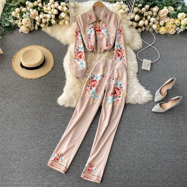 

women's two piece pants 2021 designer retro pattern printed shirt set women elegant office ladies casual trousers, White