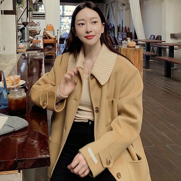 

women's wool & blends [ewq] temperament women 2021 khaki medium long detachable lapel spliced single breasted woolen overcoat autumn wi, Black