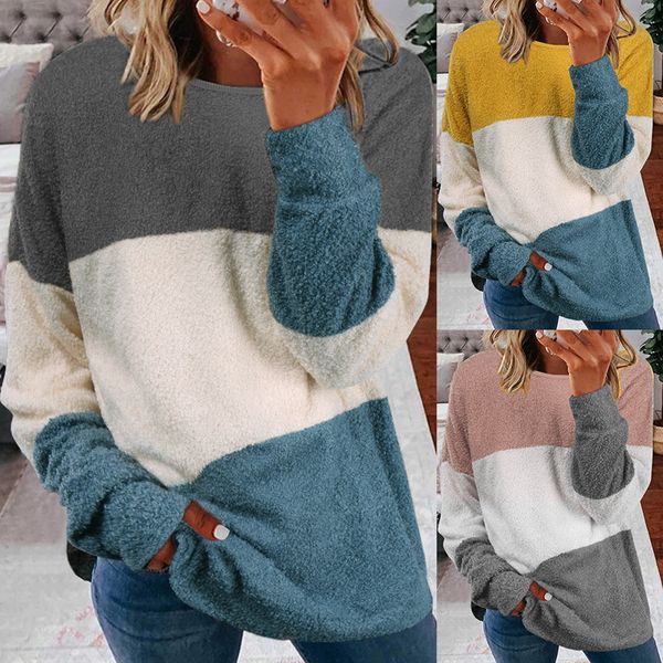 

aw2020 new women's splicing round neck plush sweater loose top, Black;red