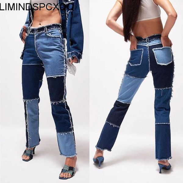 

women's jeans patchwork ladies skinny straight leg woman hip hop high waist cotton denimloose vintage streetwear pants, Blue