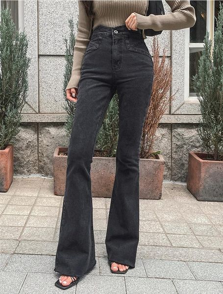 

women's jeans chic autumn winter stylish women flare high waist button ladies pant stretched casual female denim trousers 2021 wj339, Blue