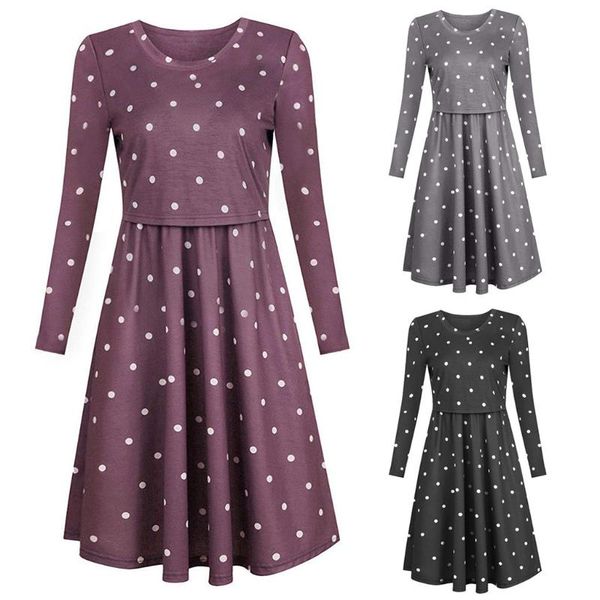 

summer women casual dresses maternity pregnants breastfeeding props round neck patchwork dot cotton blends long sleeve dress, White