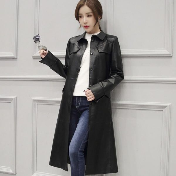 

women's leather & faux winter sheepskin coat for women long female jacket genuine black coats belted office lady m-3xl