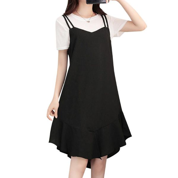 

casual dresses women elastic waist dress irregular hem braces skirt solid color loose sleeveless, Black;gray