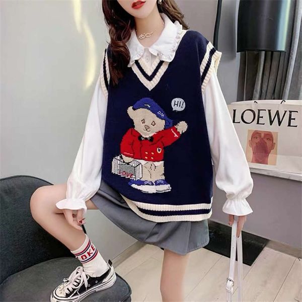 

autumn winter autumn cartoon bear sweater women's vest loose embroidery sleeveless waistcoat, White