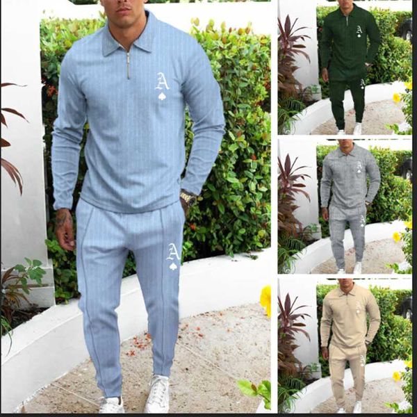 

men's tracksuits 2021men's stripe shirt suits long sleeve solid color lapel zipper casual sportswear fashion fitness jogging, Gray