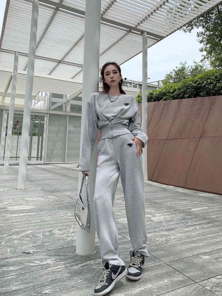 

womens sports set two piece pants hooded shirt + logo triangle long sleeved hoodie with high waist casual pant, White