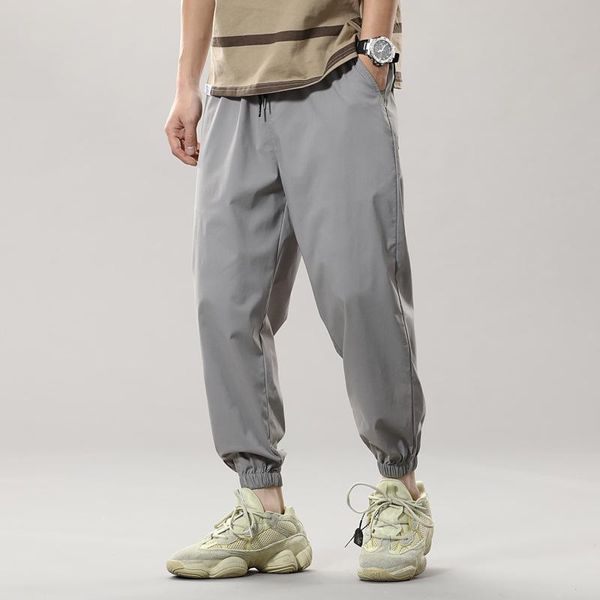 

men's pants w-ky6857 spring men sport ice silk nylon jogger comfortable simple youth solid color drawstring loose small feet trousers, Black