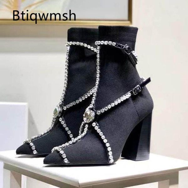 

boots 2021 elastic socks women pointed toe rhinestone cross strap wool knitting high heel femme ankle, Black