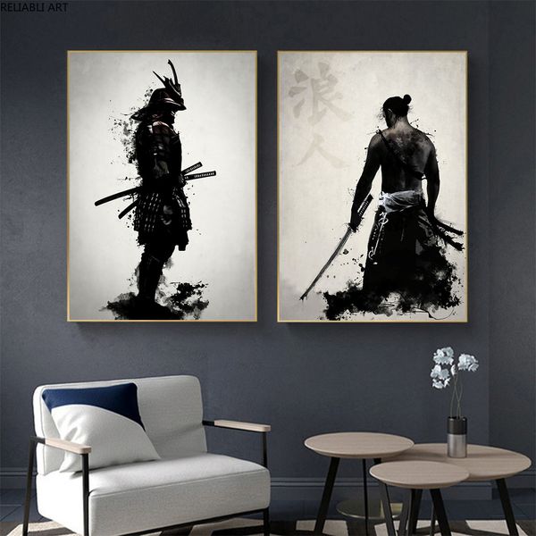 Moderne abstrakte japanische Samurai-Malerei, Leinwand, Heimdekoration, Wandkunst, Poster, Wohnzimmer, Druck, Poster, Heimdekoration