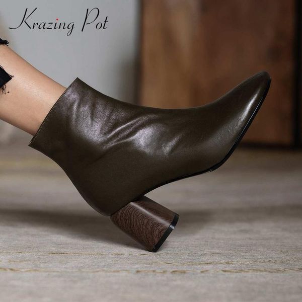 

boots krazing pot work genuine leather classic colors comfortable round toe thick high heel zipper office lady ankle l45, Black