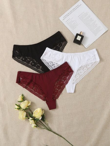 

3pack plus contrast lace panty set s0df#, Black;white