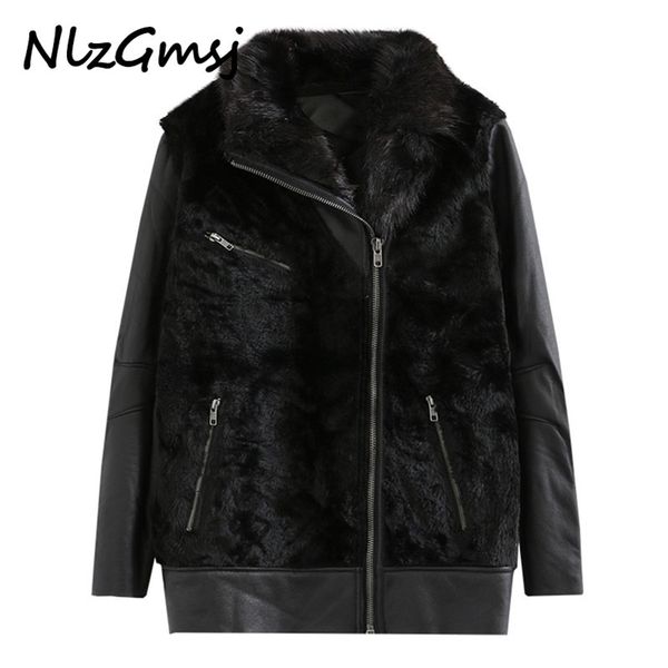 

jacket women vintage pu leather stitching fur coats black outerwear female plus size winter clothes coat 210628, Black;brown