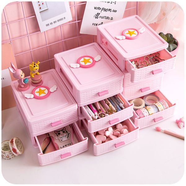 Caixa de mesa com gaveta rosa fofa de 2 a 4 camadas, suporte de plástico para artigos diversos, armário de cosméticos, organizador de maquiagem de mesa