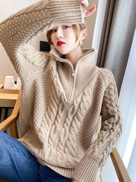 

zipper thickened turtleneck 2020 new women's autumn and winter loose wear lazy wind soft waxy knitted fashion, White;black