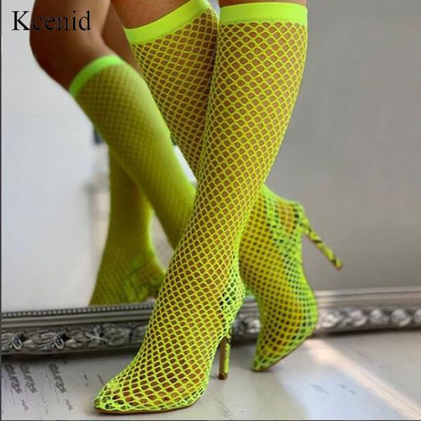 

boots kcenid fashion women 2021 summer over the knee pointed toe high heels sock sandals party shoes green, Black