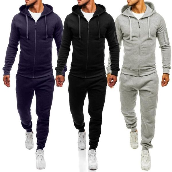 

men's autumn winter solid color sweatshirt pants sets sports suit tracksuit autumn winter casual hoodie zipper sets#g30, Gray