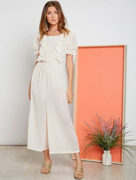 

puff sleeve ruffle trim jumpsuit m6bk#, White