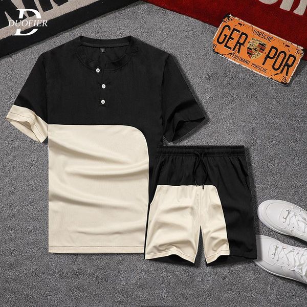 

summer casual tracksuit men outfit 2021 new mens sportswear sets patchwork male t-shirt+shorts 2pcs jogging sports suit clothing, Gray