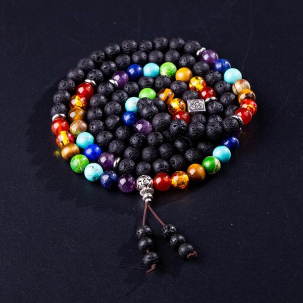

beaded, strands prayer beads mala 108 bracelets lava buddhist buddha rosary men 7 chakra, Black