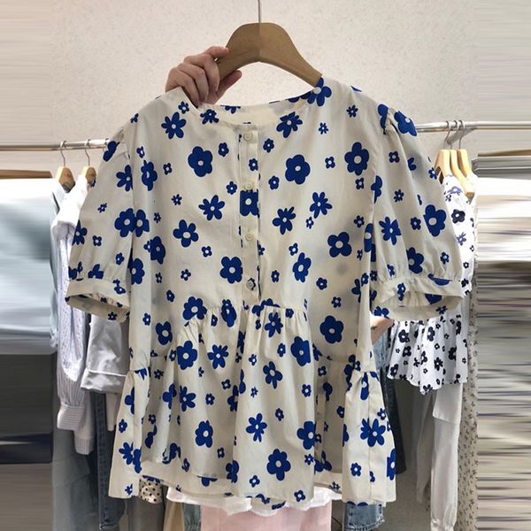 

flower print korean women's short sleeve neck ladies blouse shirts summer 2021 female casual fashion diru, Black