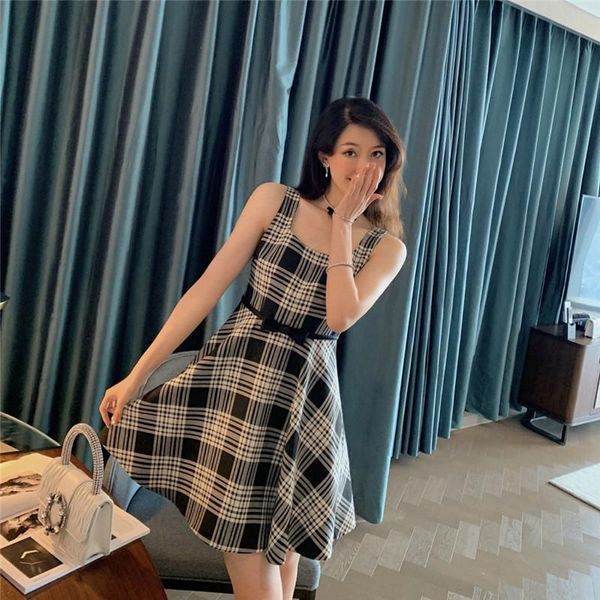 

casual dresses miu puff sleeve dress summer retro plaid suspender waist mid-length, Black;gray